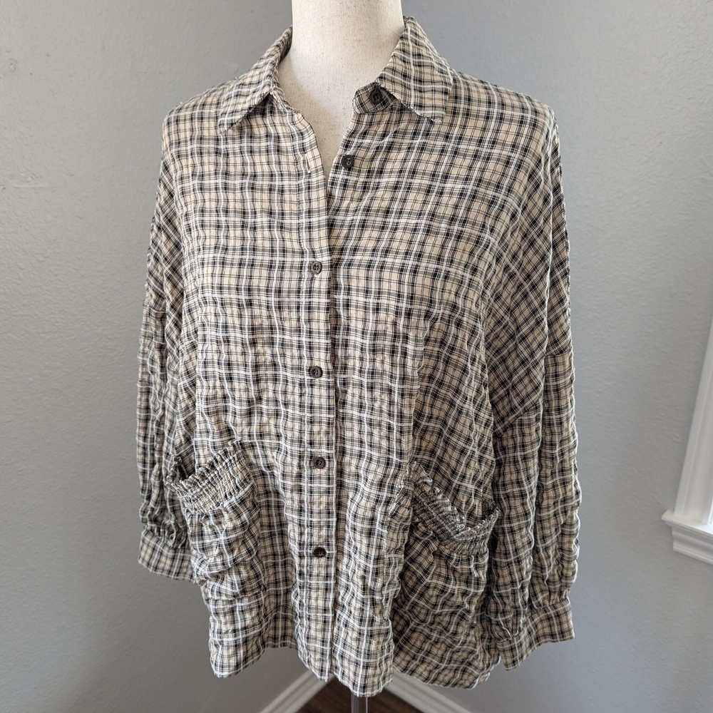 Oversized Crinkled-Gauze Boho Plaid Balloon Long Sleeve Top Fall Vibes Xsmall